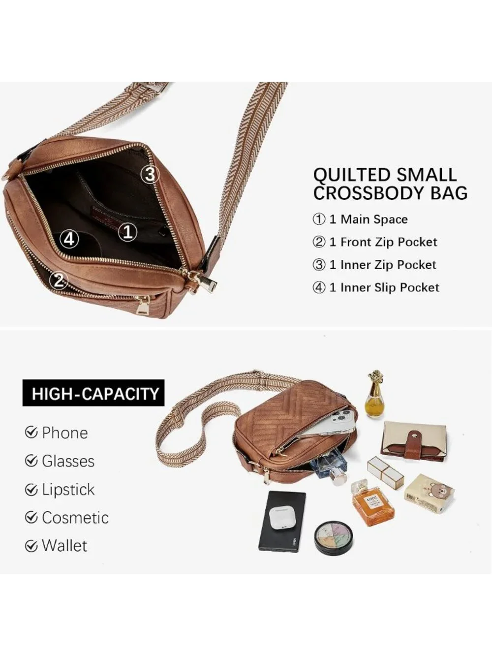 Women's Brown Leather Crossbody Purses Shoulder Handbags with Wide Strap